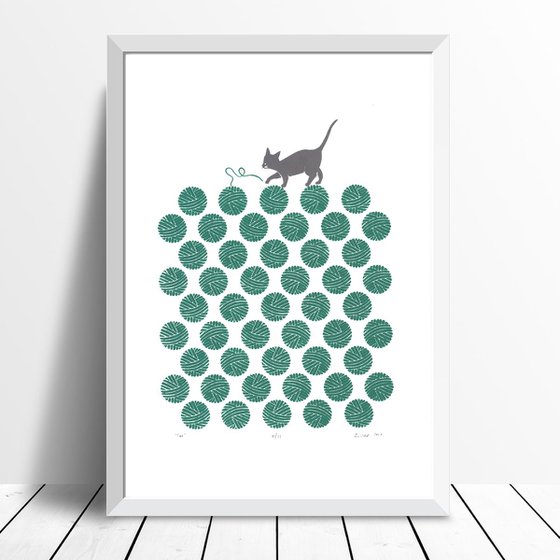 Cat in Teal Green - Unframed - FREE Worldwide Delivery