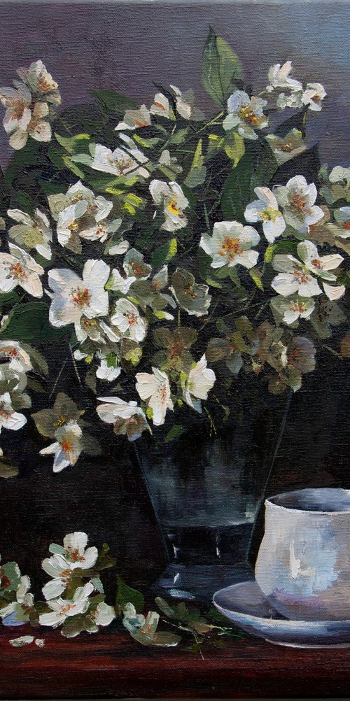 Jasminum Flower Still Life Oil Painting Original Art On Canvas 24 x 20 by Tetiana Vysochynska