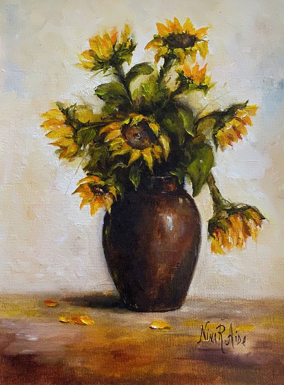 Still Life with Sunflowers Original Oil Painting Framed Floral Art Flowers Framed
