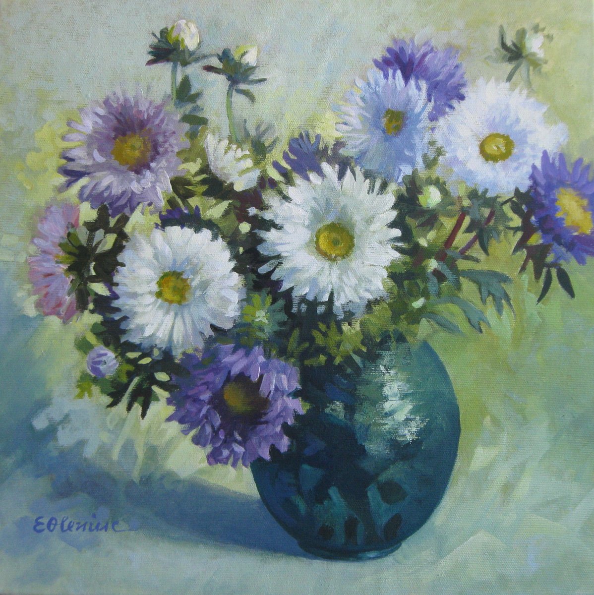 Impressionistic Still Life Acrylic Painting By Elena Oleniuc, 16 X 16, Summer Flowers, Original Artwork
