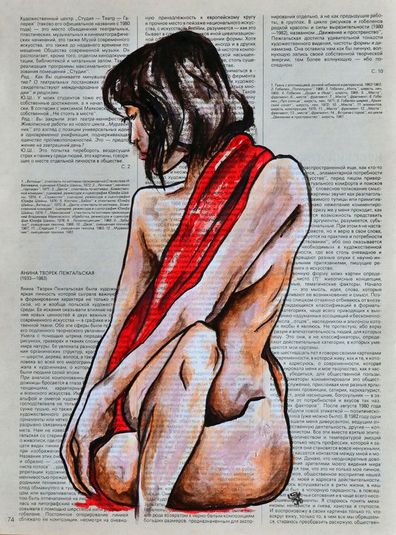 Nude - Original Painting Collage Art on Vintage Page