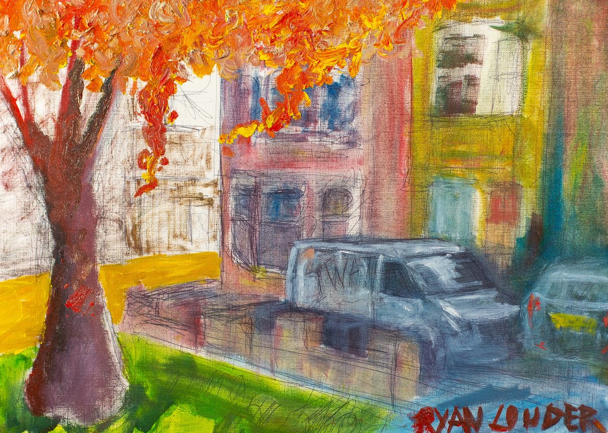Expressive Cityscapes Oil Painting By Ryan Louder, 16 X 12", Graffiti On A Van, Original Artwork