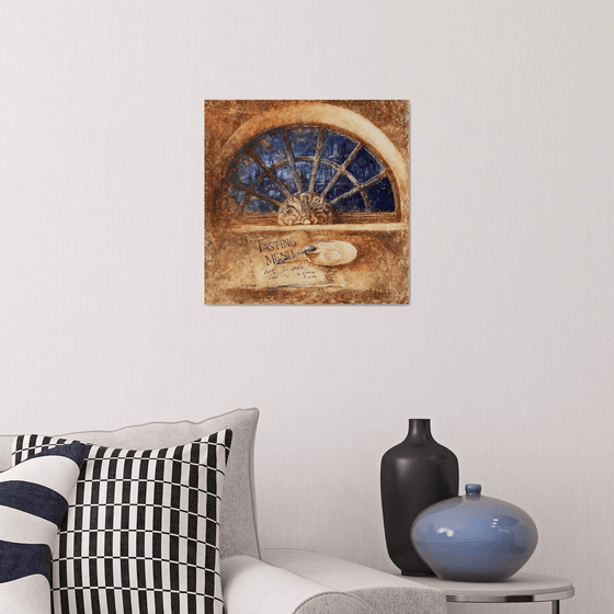 Blue Night Arched Window in Cafe Restaurant