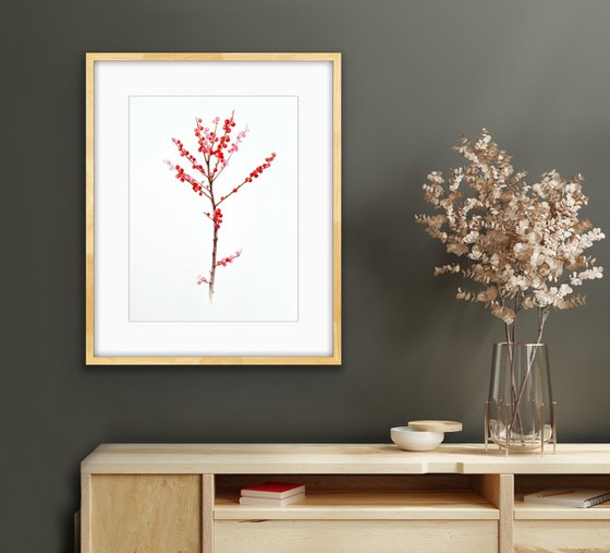 Holly branch with red berries. Original watercolor artwork.