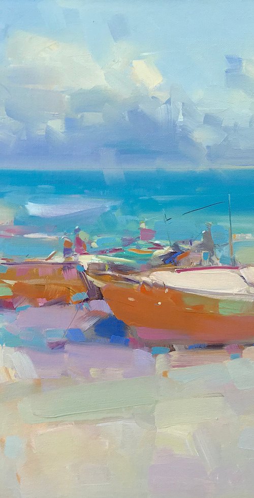 Boats on the Shore, Original oil painting, Handmade artwork, One of a kind by Vahe Yeremyan