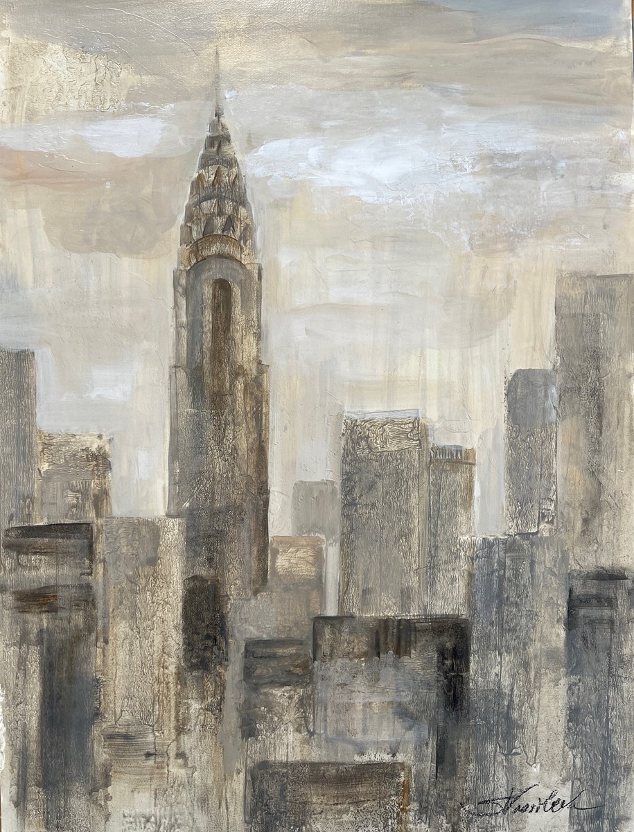 Impressionistic Cityscapes Acrylic Painting By Silvia Vassileva, 22 X 28", New York I - Chrysler Building, Original Artwork