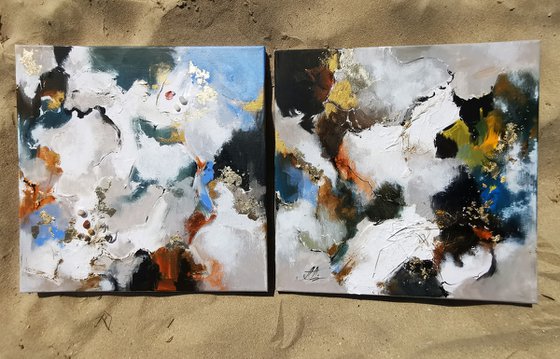 Diptych of paintings with texture. Abstract gold & blue painting