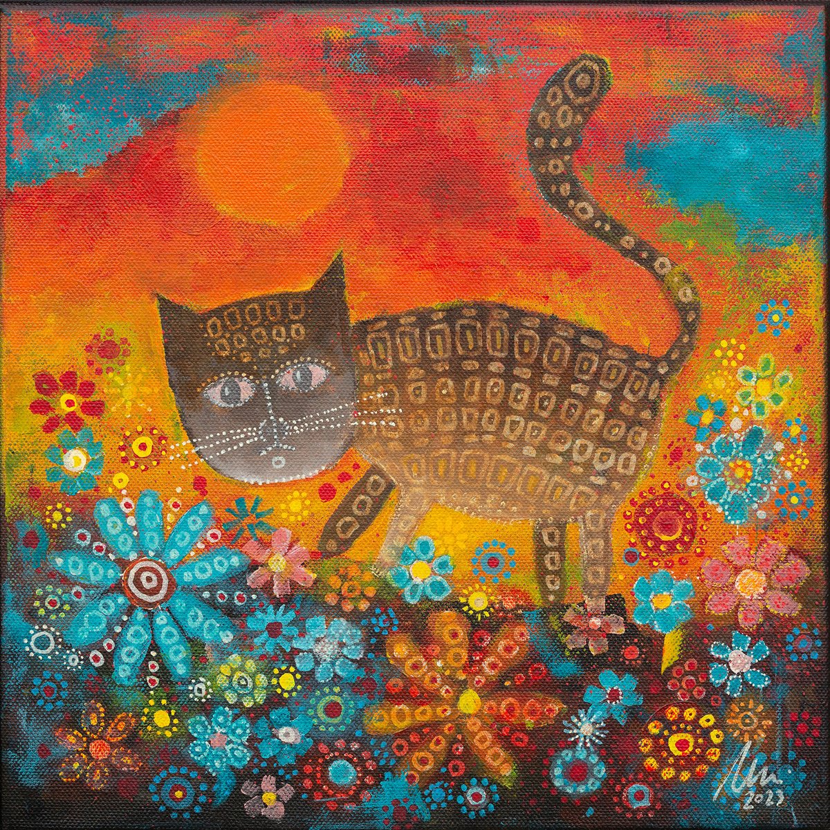 Organic Animal Acrylic Painting By Peter Zelei, 12 X 12", Felis Catus Botanicus I., Original Artwork