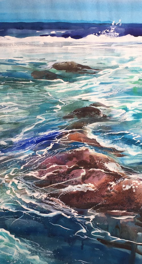 Ocean. Watercolor ocean landscape. by Natalia Veyner