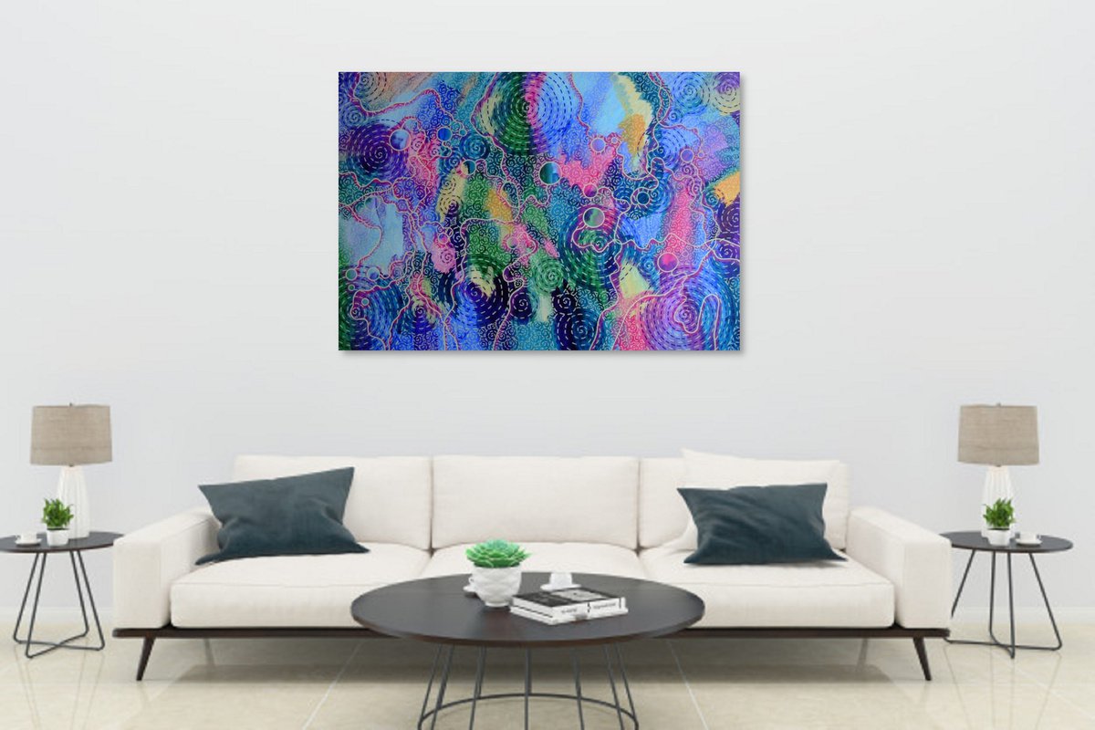 Abstract Acrylic Painting By Marina Krylova, 51 X 35", Psychedelic Garden #16, Original Artwork
