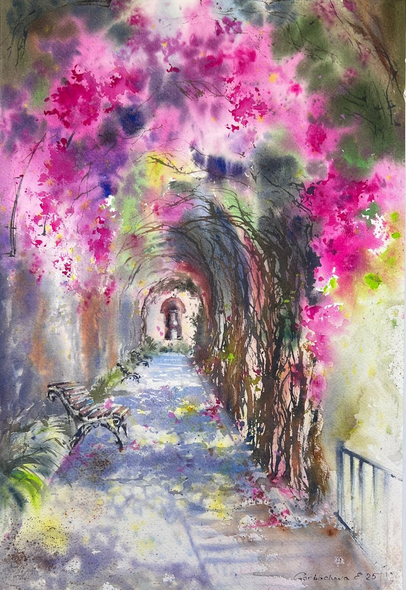 Impressionistic Botanical Watercolour By Eugenia Gorbacheva, 11 X 16, Bougainvillea Tunnel, Original Artwork