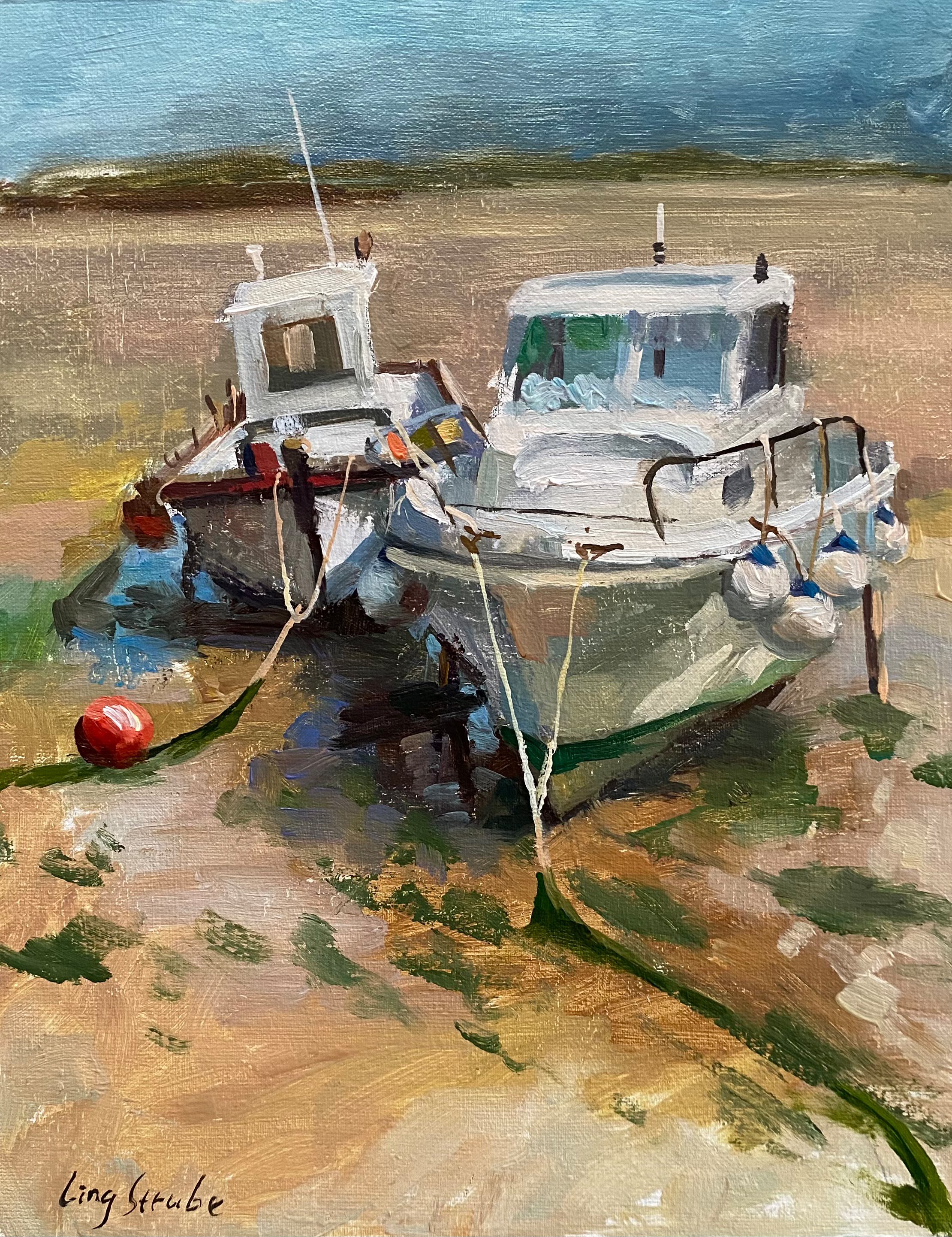Impressionistic Landscape Oil Painting By Ling Strube, 9 X 12", The Boats, Original Artwork