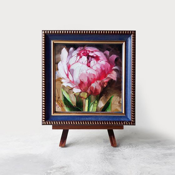 Small painting pink flowers original, Unique peony wall art, Peonies art gift for sister