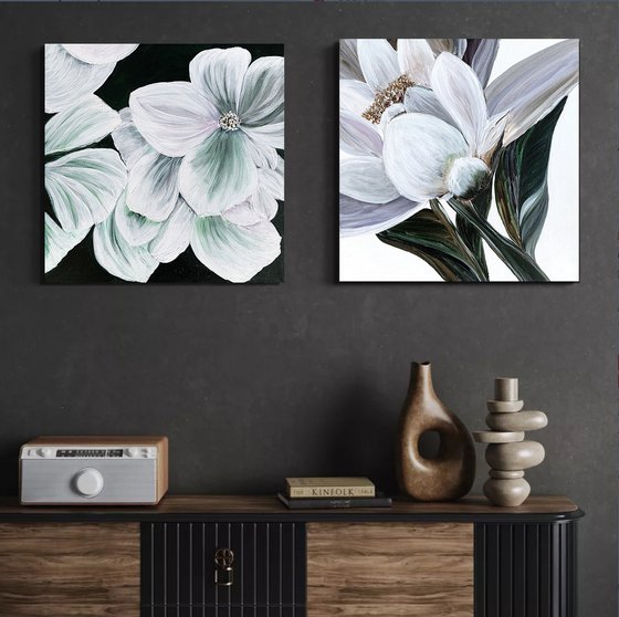 Magnolia white petals Flowers set
