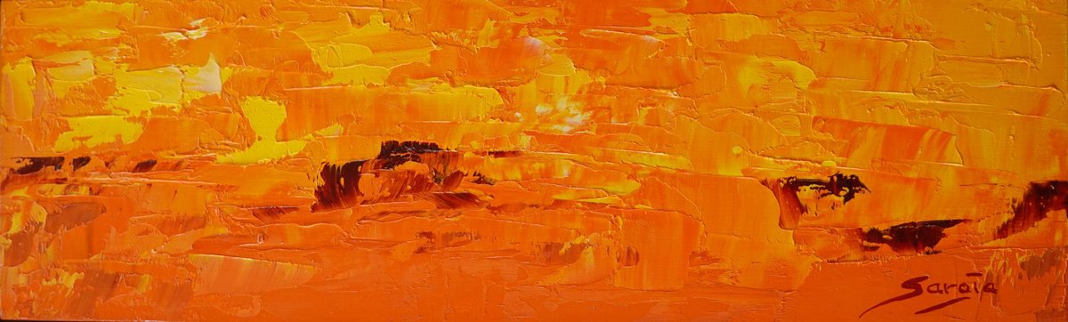 Abstract Landscape Oil Painting By Saroja Van Der Stegen, 14 X 5", Oranje Ref1103-W, Original Artwork