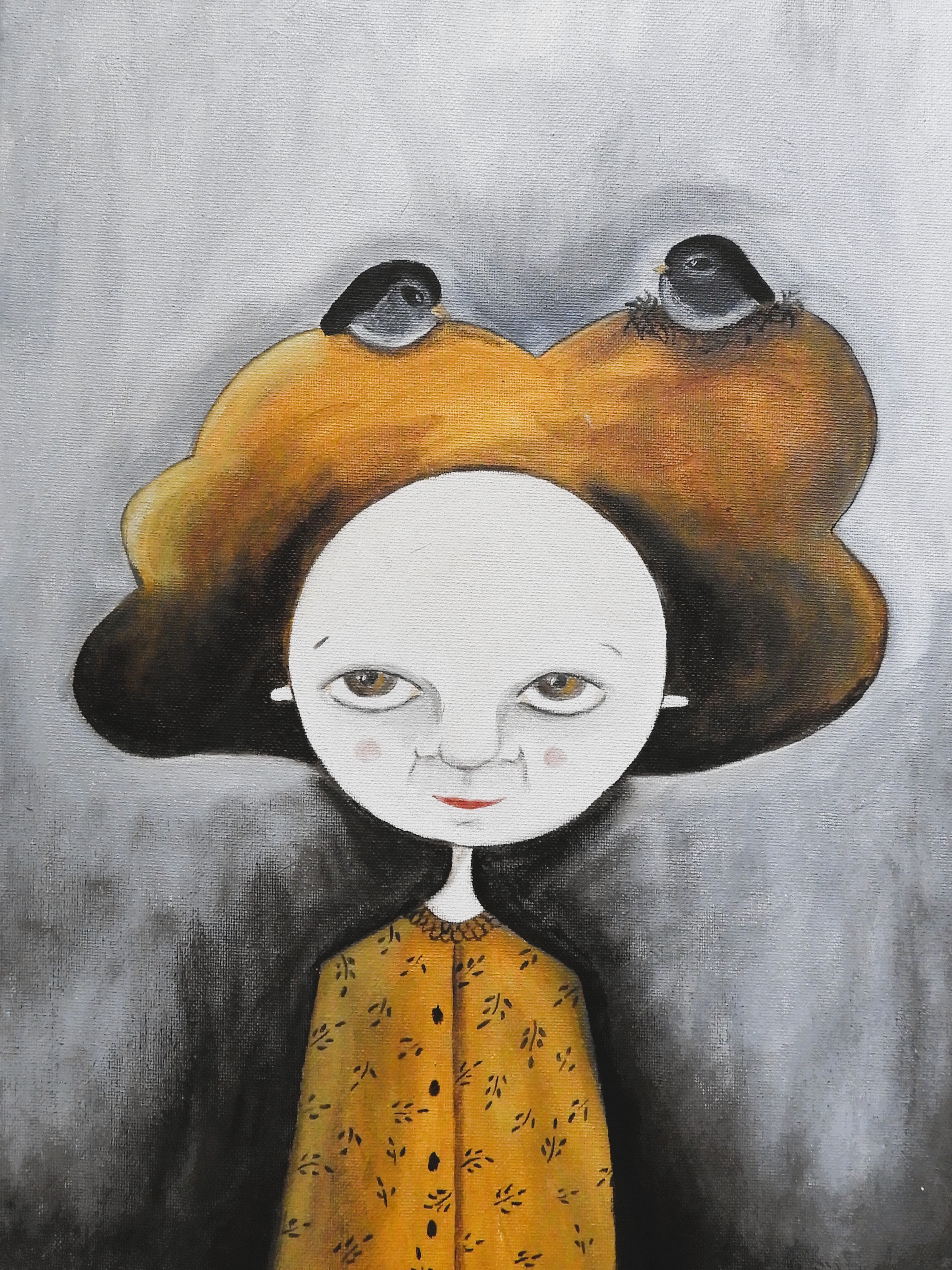 Illustrative Portrait Oil Painting By Silvia Beneforti, 12 X 16", The Girl And The Blackbirds, Original Artwork