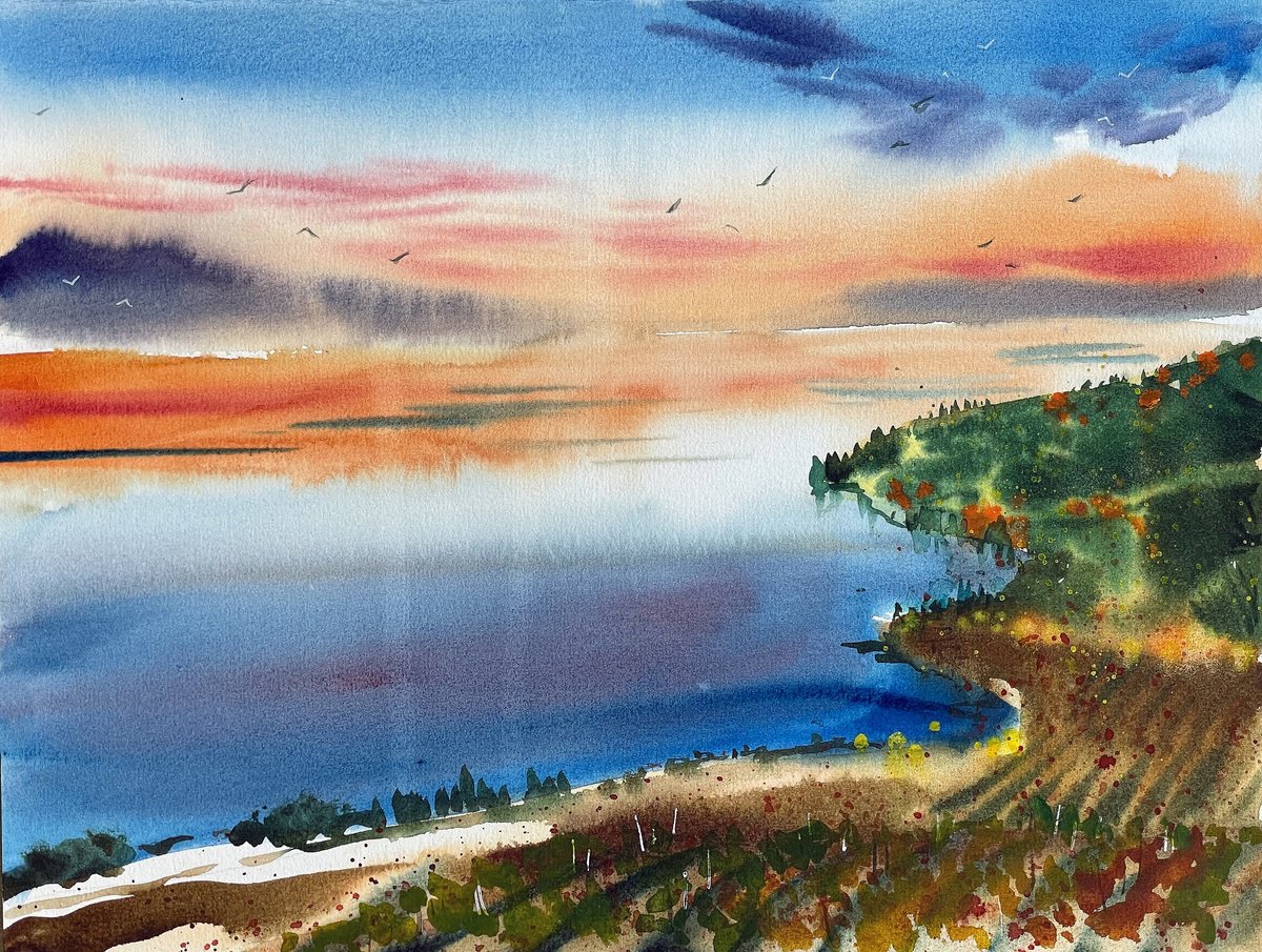 Impressionistic Landscape Watercolour By Ksenia Astakhova, 14 X 11", Sunset In Lavaux, Original Artwork