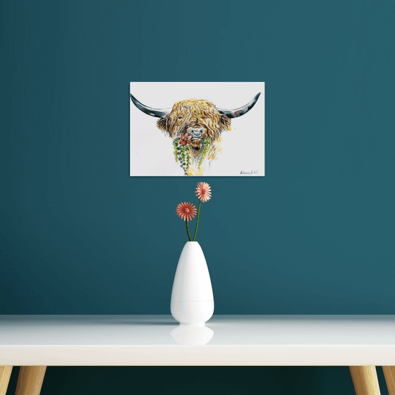 Highland Moo Cow with Spring Flowers