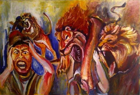 LIONS' HUNTERS - Extra large Painting - 150x100 cm