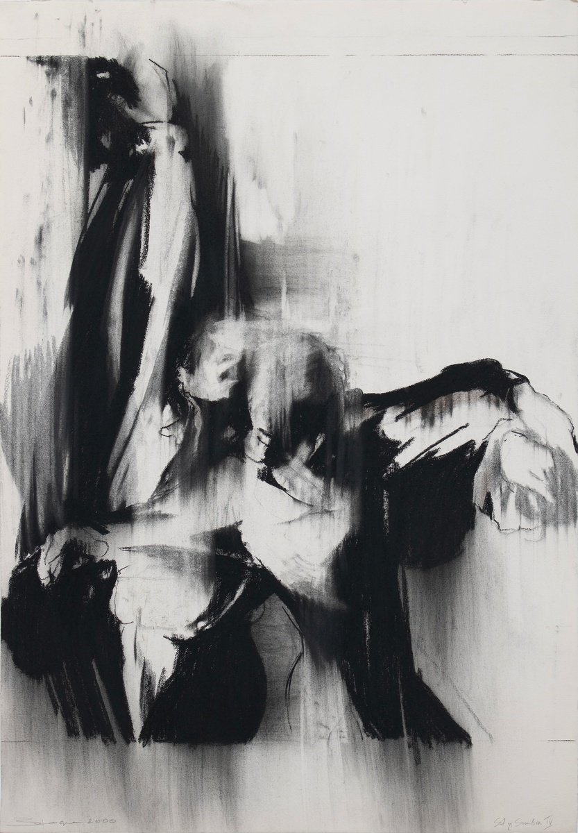 Expressive Portrait Charcoal Drawing By Zil Hoque, 25 X 36", Sol Y Sombra Iv (Study), Original Artwork