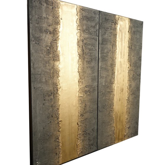 gold stripe & steel long painting A719 50x200x2 cm decor Vertical original abstract art Large paintings stretched canvas acrylic art industrial metallic textured wall art