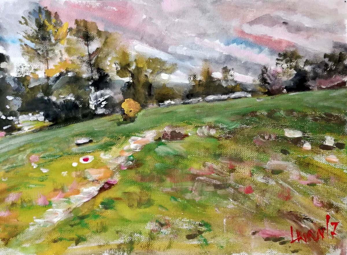 Impressionistic Landscape Painting By Leonid Kirnus, 11 X 8", On The Top Of The Hills, Original Artwork