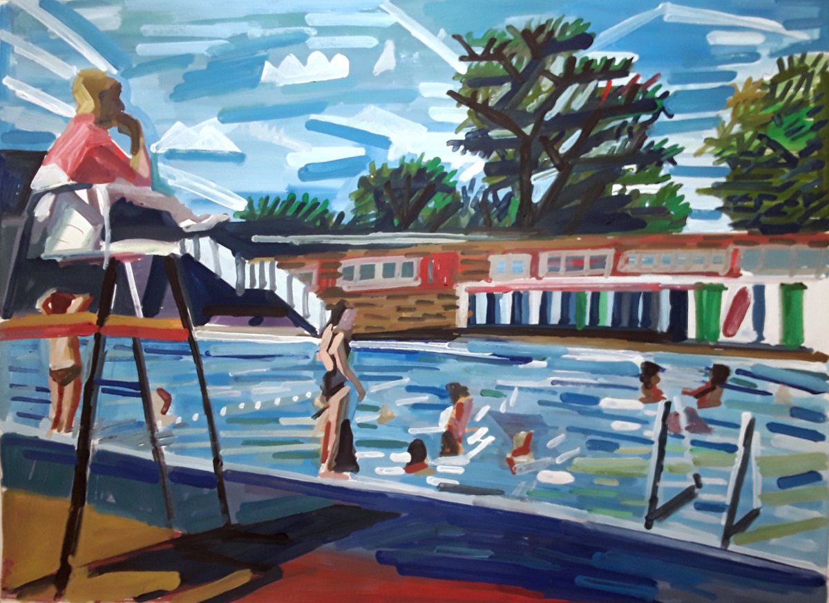 Impressionistic Landscape Painting By Stephen Abela, 23 X 16", Lifeguard At Public Pool, Original Artwork