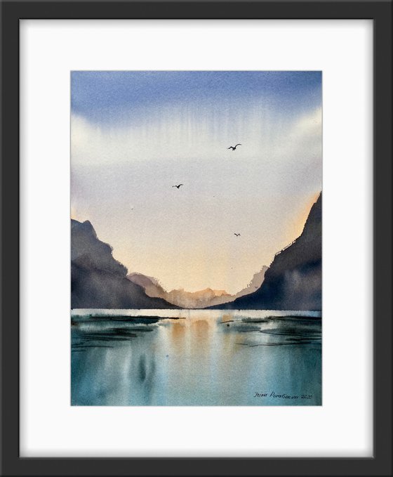 Sunset on the rocky shore original watercolor artwork, blue colors, cold water, medium size decor for  loft interior