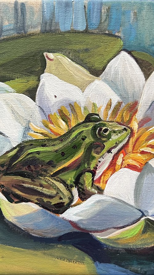 The Frog Princess. Frog on a water lily. Frog and waterlilies. by Natalia Veyner