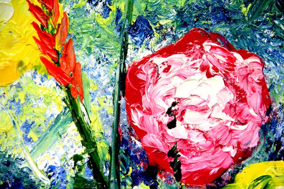 Red pink white white flowers painting original