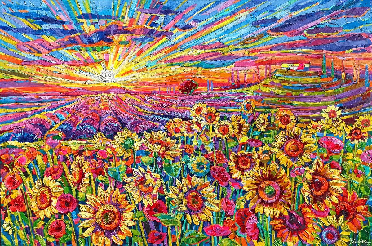 Expressive Landscape Oil Painting By Vanya Georgieva, 75 X 51", Sunflowers Meet The Light, Original Artwork