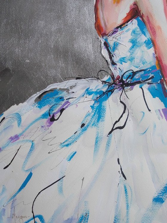 Blue Ribbon - Figurative Ballerina  Acrylic Mixed Media  Painting on Paper