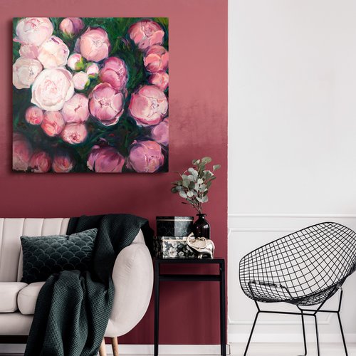 Blossoming Splendor: Pink Peonies Oil on Linen Canvas by VICTO