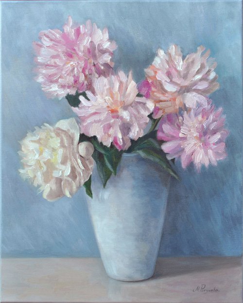 Marshmallow peonies in a vase original oil painting by Marina Petukhova
