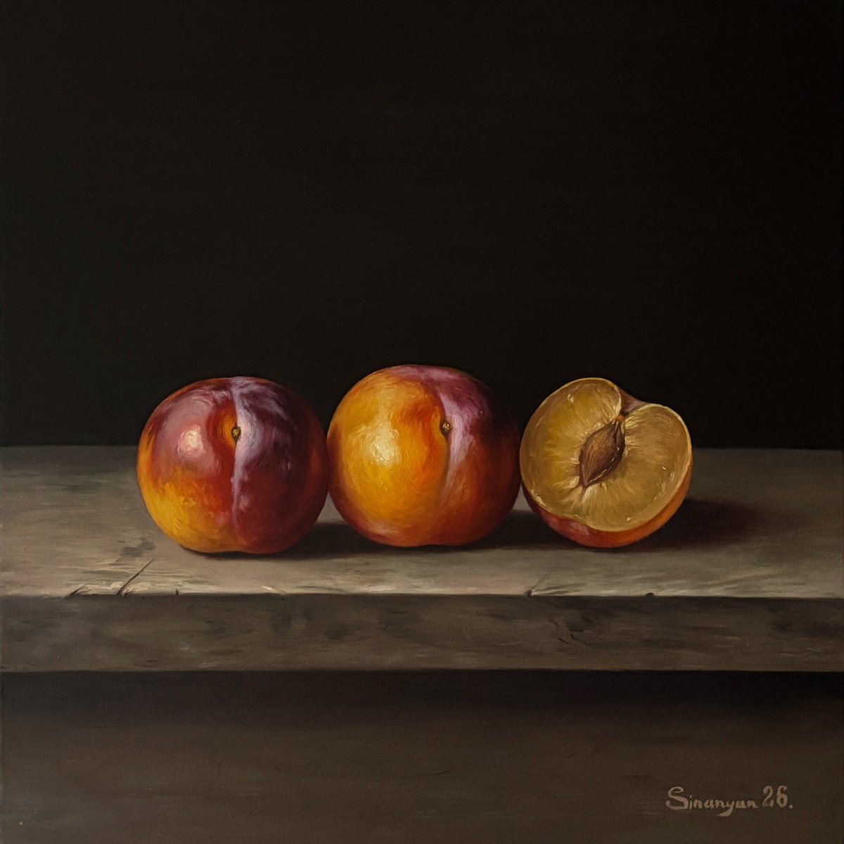 Photorealistic Oil Painting , Plums On A Wooden Table By Gevorg Sinanian, 12 X 12, Artwork For Sale On Artfinder