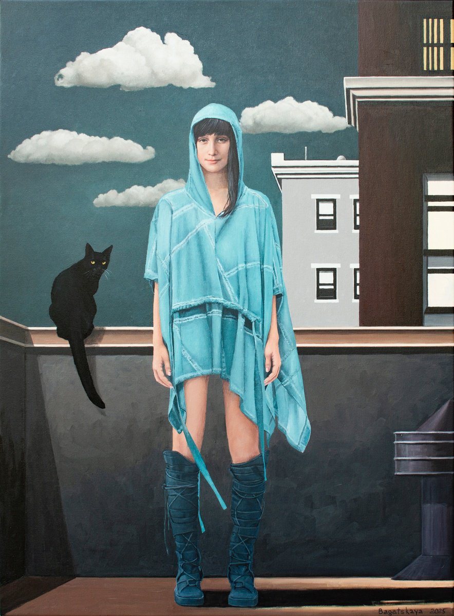 Photorealistic Portrait Acrylic Painting By Nataliya Bagatskaya, 28 X 37", On The Roof With A Cat, Original Artwork