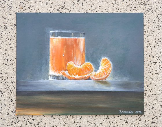 Still life with Mandarin. Acrylic painting on canvas board