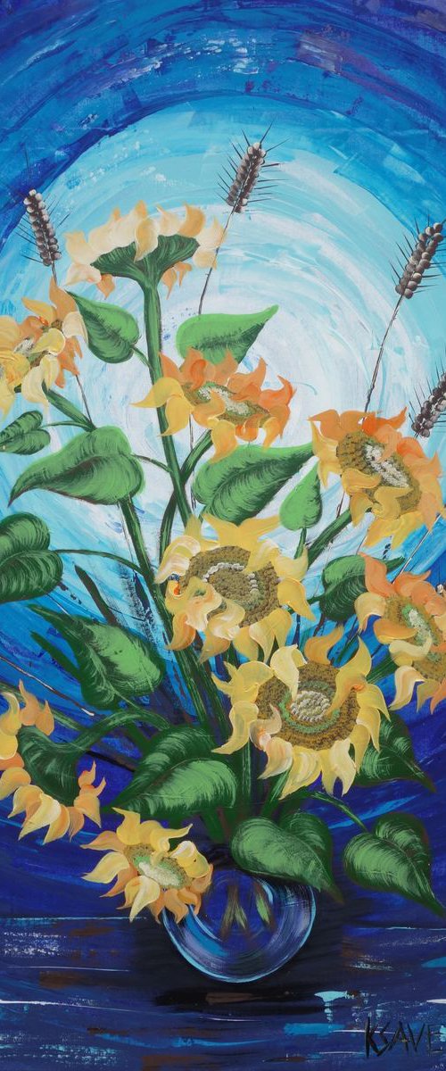 Sunflowers Blue Large Still Life B047 expressionist acrylic painting 110x160 cm unstretched canvas art by Ksavera