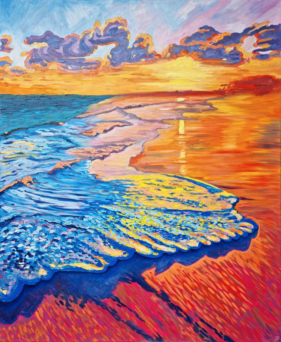 Impressionistic Landscape Oil Painting By Zulfiya Mukhamadeyeva, 31 X 39", Foaming Sea, Original Artwork