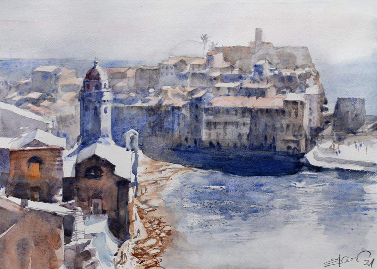 Impressionistic Cityscapes Watercolour By Goran Zigolic Watercolors, 20 X 15, Chinque Terre ( Vernazza ), Original Artwork