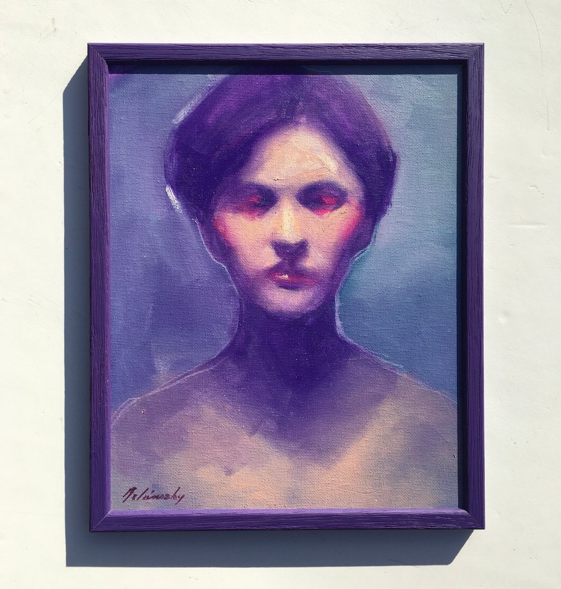Expressive Portrait Oil Painting By Beata Belanszky Demko, 10 X 13, Portrait In Violet, Original Artwork
