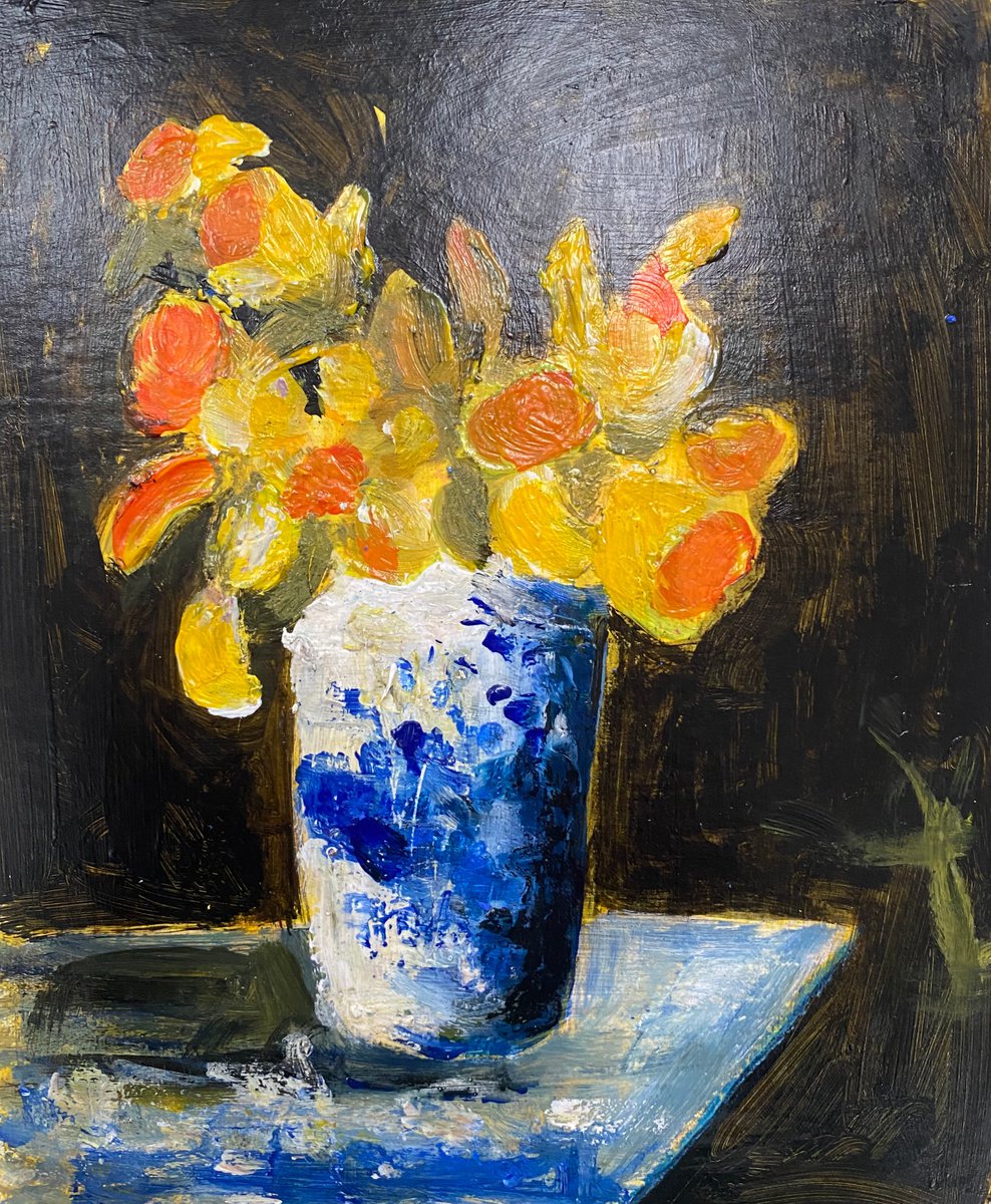Mum’s Narcissus in a blue vase by Teresa Tanner
