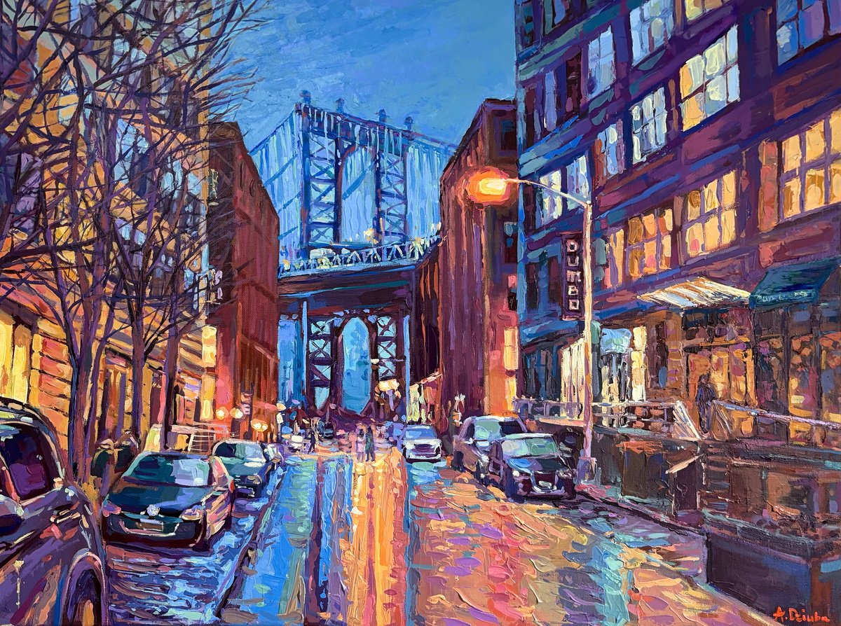 Impressionistic Cityscapes Acrylic Painting By Adriana Dziuba, 32 X 24, Manhattan Bridge From Dumbo Street, New York, Artfinder