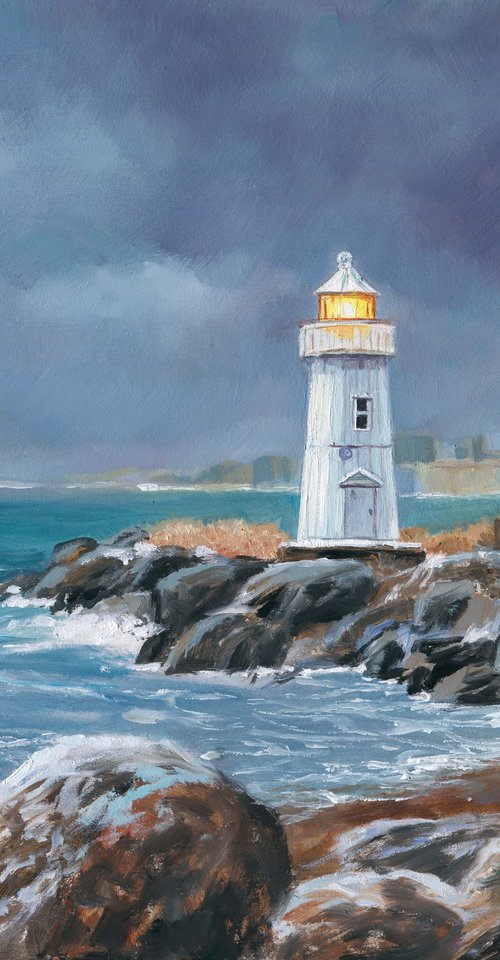 Lighthouse in blue-gray sky by Lucia Verdejo