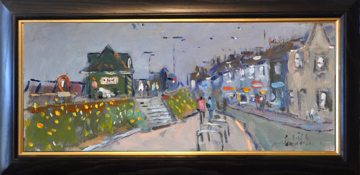 Impressionistic Cityscapes Oil Painting By Andre Pallat, 29 X 15, Riverside Fish Bar, Original Artwork