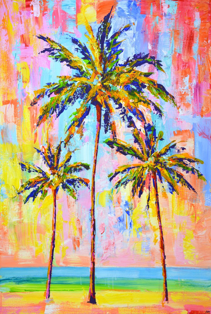 Expressive Landscape Acrylic Painting By Iryna Kastsova, 31 X 47, Palms. Ocean 3., Original Artwork