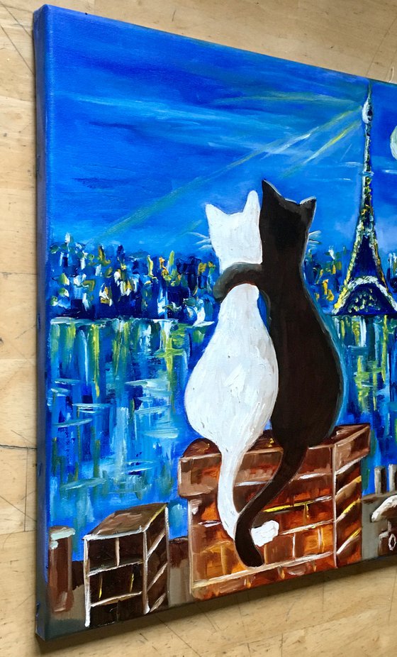 Cats in Paris. Travel to Paris, Parisian roofs , romantic night .