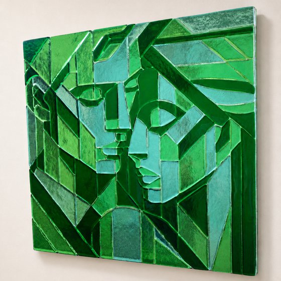 Green Lovers, Fused Glass Portrait
