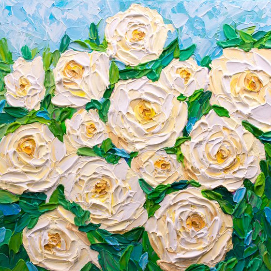 White Roses - Heavy Impasto Floral Painting, Palette Knife Art