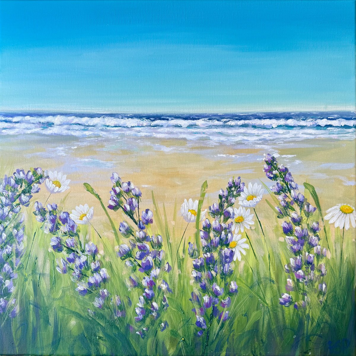 Expressive Landscape Acrylic Painting By Emma Sian Pritchard, 20 X 20, Sea Breeze And Daisy Days, Original Artwork